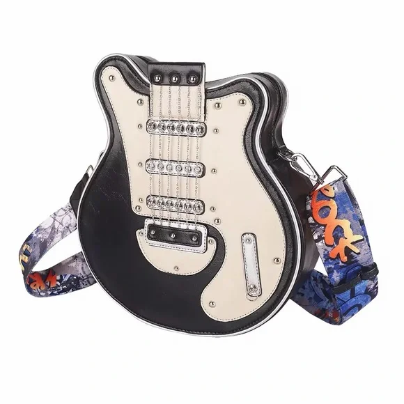 Guitar-Shaped Black and Cream Crossbody Bag - Picture 1 of 2